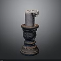 Ornate Carved Vintage Candlestick With Burning Candle On Dark Background