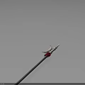 3D Spear Model with Metal Spearhead Red Decoration Black Silver Shaft and Light Blue Background