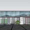 Modern Sales Office Building With Glass Wall Metal Grille Stone Entrance And Front Green Plants