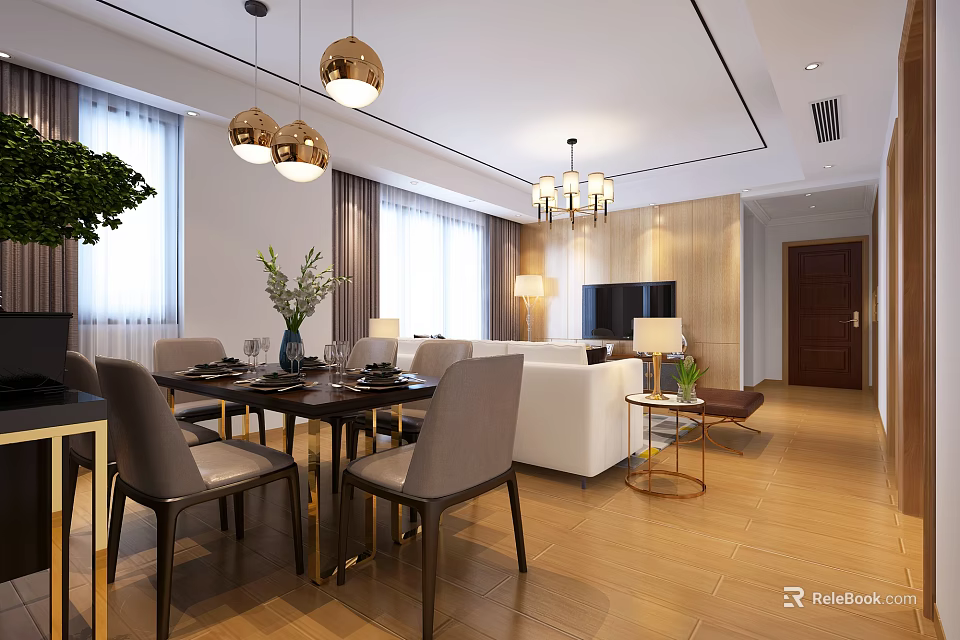 Modern Dining Living Room Design With Table Chairs Pendant Lights Sofa TV Wooden Floor 3d model 