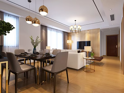 Modern Dining Living Room Design With Table Chairs Pendant Lights Sofa TV Wooden Floor 3d model