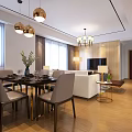 Modern Dining Living Room Design With Table Chairs Pendant Lights Sofa TV Wooden Floor