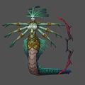 Fantasy Multi Armed Creature With Serpent Tail Green Hair And Golden Ornaments Holding Bow Weapon