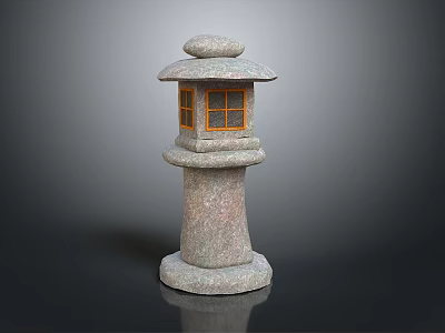 Traditional Stone Lantern With Round Top Lattice Windows And Pedestal Base 3d model