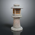Traditional Stone Lantern With Round Top Lattice Windows And Pedestal Base