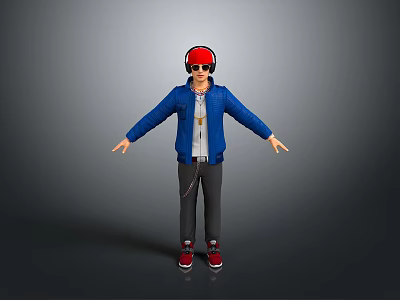 Man Wearing Red Headphones Sunglasses Blue Jacket White Top Gray Pants Arms Outstretched 3d model