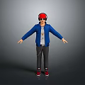 Man Wearing Red Headphones Sunglasses Blue Jacket White Top Gray Pants Arms Outstretched