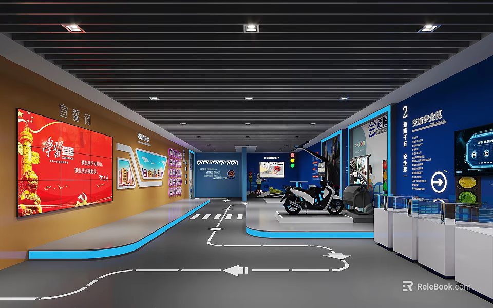 Modern Exhibition Hall Showroom With Motorcycle Directional Arrows And Display Walls 3d model 