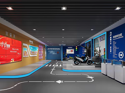 Modern Exhibition Hall Showroom With Motorcycle Directional Arrows And Display Walls 3d model