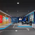 Modern Exhibition Hall Showroom With Motorcycle Directional Arrows And Display Walls