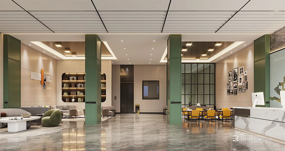 Modern Hotel Lobby Interior With Green Columns Sofas Bookshelves And Large Windows 3d model 