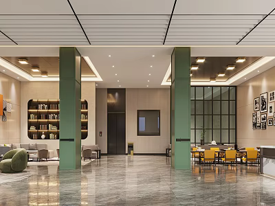 Modern Hotel Lobby Interior With Green Columns Sofas Bookshelves And Large Windows 3d model
