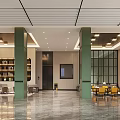 Modern Hotel Lobby Interior With Green Columns Sofas Bookshelves And Large Windows 3d model