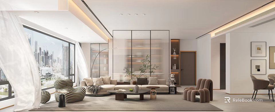 Modern Soft Minimalist Open Living And Dining Room With Stylish Furniture And Elegant Glass Partition 3d model 