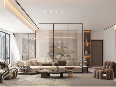 Modern Soft Minimalist Open Living And Dining Room With Stylish Furniture And Elegant Glass Partition 3d model