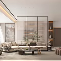 Modern Soft Minimalist Open Living And Dining Room With Stylish Furniture And Elegant Glass Partition