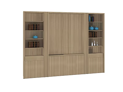 Modern Wooden Decorative Cabinet With Open Shelves Books Blue Bowls And Decorative Items 3d model
