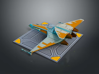 Futuristic Spaceship Model With Blue Orange Accents On Gray Geometric Texture Platform 3d model