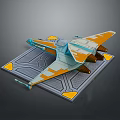 Futuristic Spaceship Model With Blue Orange Accents On Gray Geometric Texture Platform