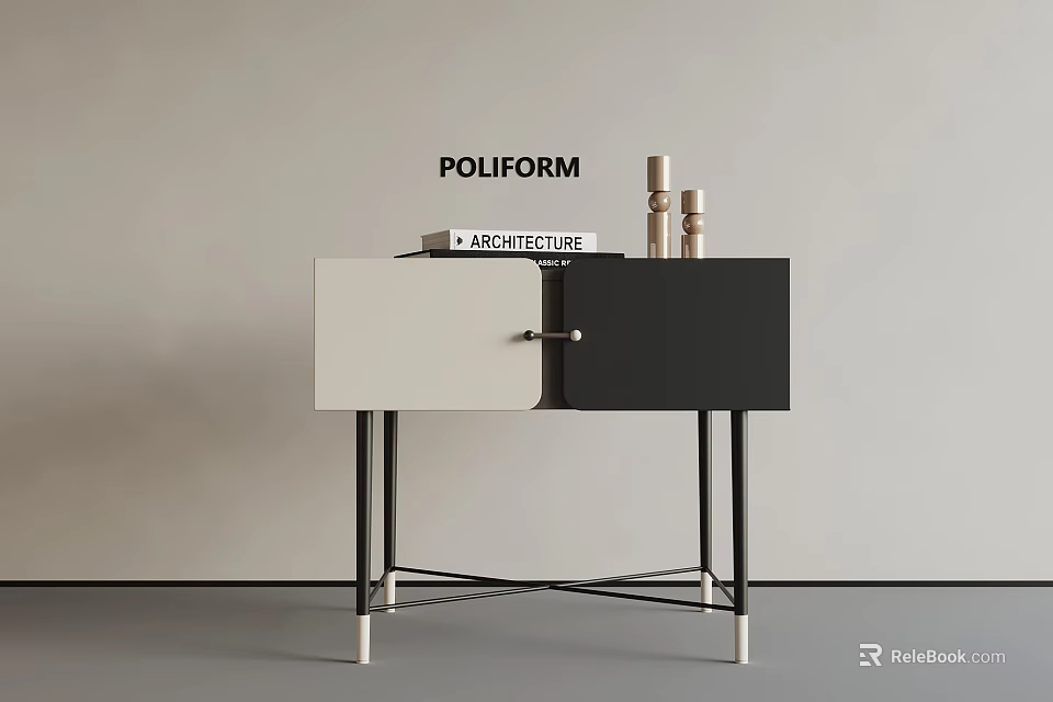 Modern Black And White Bedside Table With Metal Legs Books And Decorative Items 3d model 