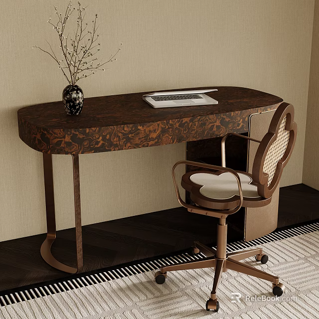 Luxury Retro Burl Wood Home Office Desk With Stylish Rattan Back Office Chair 3d model 