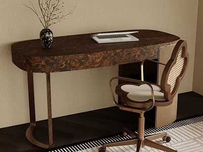 Luxury Retro Burl Wood Home Office Desk With Stylish Rattan Back Office Chair 3d model