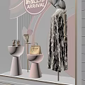 Elegant Window Display With Mannequin Gold Dress Pink Decorations Geometric Patterns And New Arrival