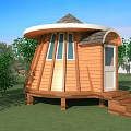Unique Vase Shaped Wooden House With Wooden Structure Green Trees And People Outside