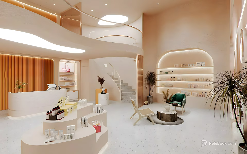 Modern Beauty Salon Interior With Open Space Curved Design Product Shelves And Relaxation Chairs 3d model 