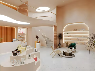 Modern Beauty Salon Interior With Open Space Curved Design Product Shelves And Relaxation Chairs 3d model