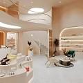 Modern Beauty Salon Interior With Open Space Curved Design Product Shelves And Relaxation Chairs