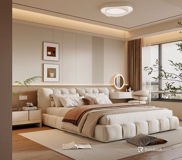 Modern Bedroom Interior Design With Plush Bed Nightstand Wall Art And Soft Carpet 3d model 