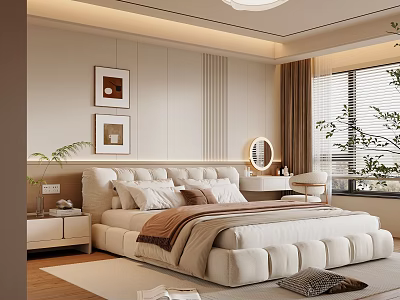 Modern Bedroom Interior Design With Plush Bed Nightstand Wall Art And Soft Carpet 3d model