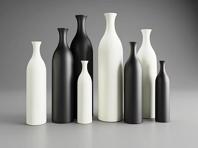 Black and White Ceramic Vases with Various Sizes and Shapes Arranged on Gray Background 3d model