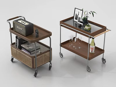 Modern Storage Carts With Wheels Multiple Shelves Wooden Glass Top And Rattan Basket 3d model