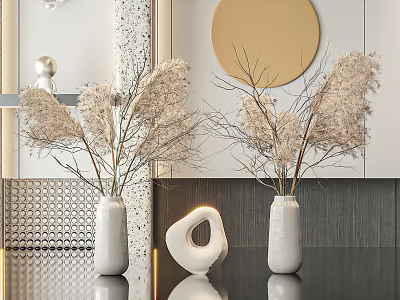 White Ceramic Vases With Dried Pampas Grass And Decorative Sculpture In Modern Interior 3d model