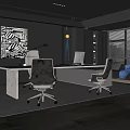 Modern Contemporary Office Interior With Wooden Desk Ergonomic Chairs Abstract Wall Art And Large Windows