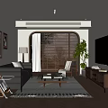 Modern Living Room Interior With Dark Sofa Coffee Table Geometric Rug And Wooden Blinds
