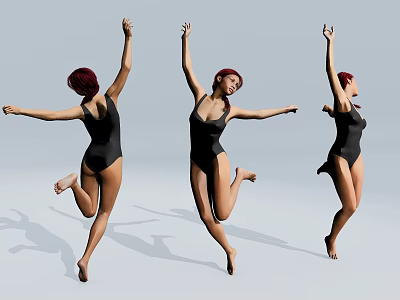 Woman In Black Leotard Dancing With Red Hair In Different Poses On Gray Background 3d model