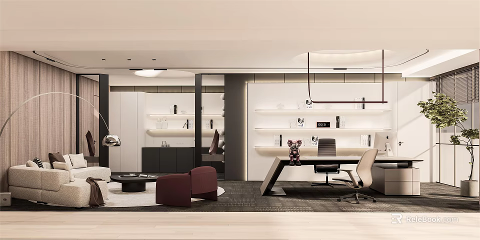 Modern Office Interior Design With Sofa Desk Bookshelves And Pendant Lights 3d model 