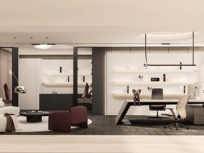 Modern Office Interior Design With Sofa Desk Bookshelves And Pendant Lights 3d model
