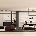 Modern Office Interior Design With Sofa Desk Bookshelves And Pendant Lights