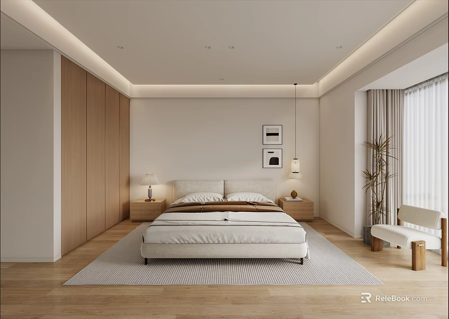 Modern Bedroom Interior Design With Light Tones Wooden Wardrobe Bedside Nightstands And Area Rug 3d model 