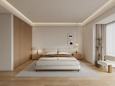 Modern Bedroom Interior Design With Light Tones Wooden Wardrobe Bedside Nightstands And Area Rug 3d model