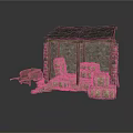 Rustic Stone Wood Shed Building With Black Roof Hay Bales And Red Cart