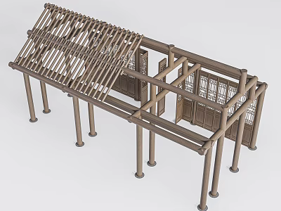 Traditional Wooden Architectural Components Featuring Columns Beams Roof Frame Lattice Windows And Doors 3d model