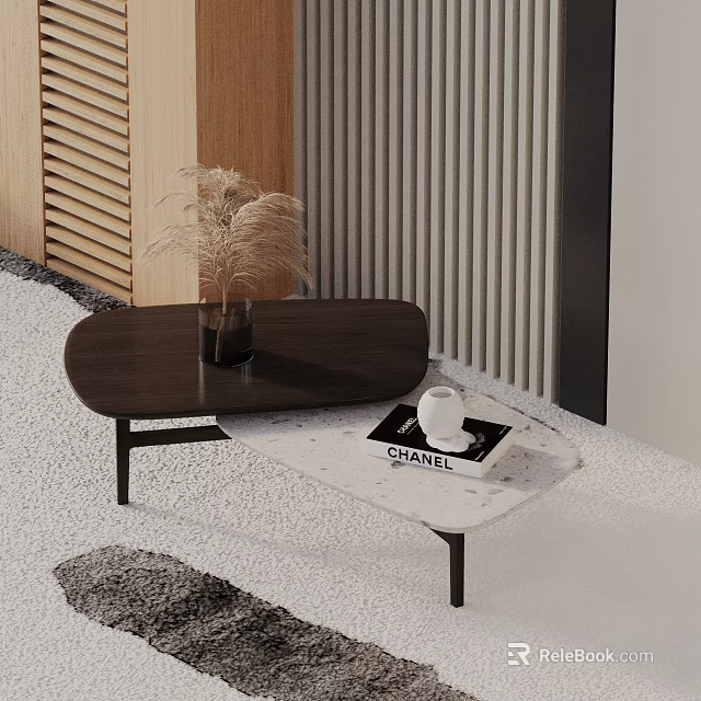 Modern Sofa Coffee Table Set With Wooden And Marble Tables And Decorative Items 3d model 