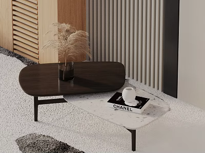 Modern Sofa Coffee Table Set With Wooden And Marble Tables And Decorative Items 3d model