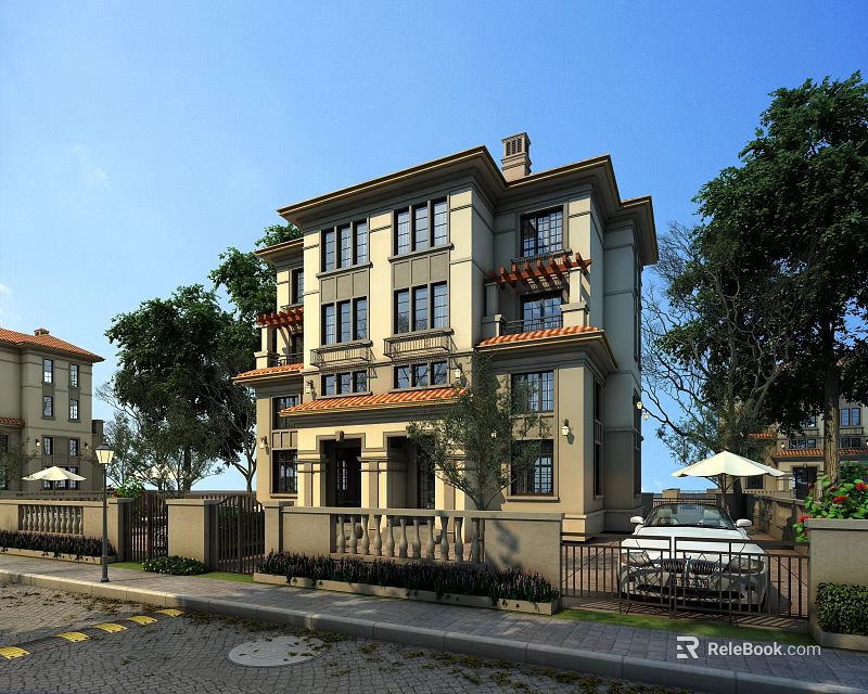 Elegant Three Story Detached Villa With Tile Roof Trees Greenery And Outdoor Seating 3d model 