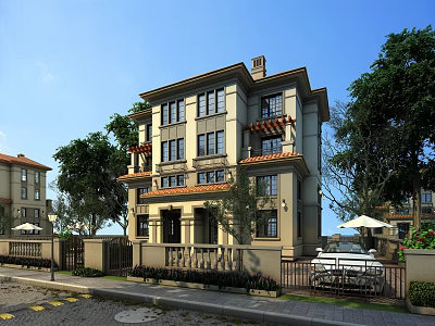 Elegant Three Story Detached Villa With Tile Roof Trees Greenery And Outdoor Seating 3d model